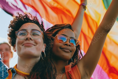 Young women enjoying a music festival - Young women with eyeglasses smiling broadly, enjoying a music festival with bright colors