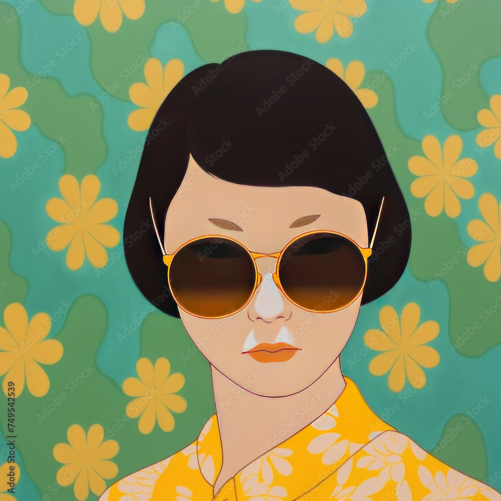 Chic vintage-inspired portrait featuring a stylish woman with oversized sunglasses