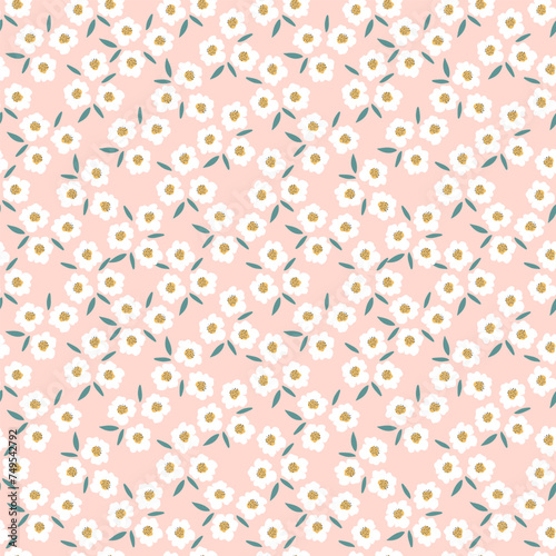 Floral millefleur seamless pattern. Cute boho tiny flower ornament on pink backdrop. Naive art meadow flowers background. Doodle style vector illustration for textile, wallpaper, wrapping paper. 