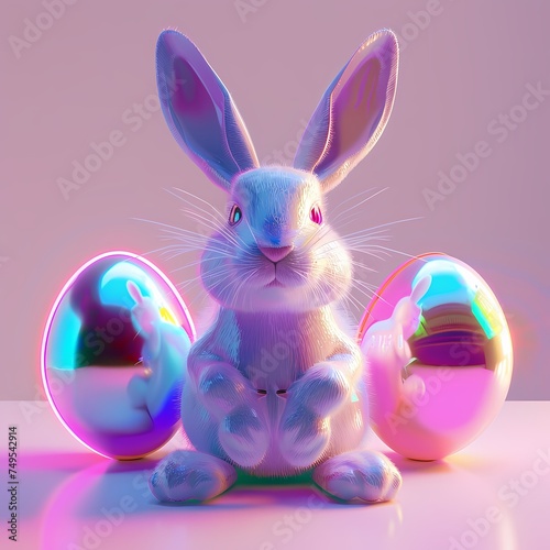 Coelho 3D com textura suave, cercado por ovos de Páscoa iridescentes, sob iluminação neon. photo