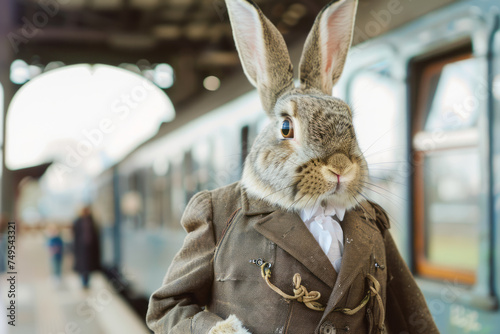 Portrait of an Easter bunny at a train station. Generative AI