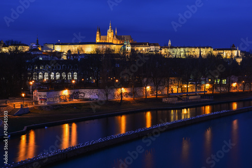 During the blue hour in the capital city of Czech Republic, Prague, with the view towards the Prague castle