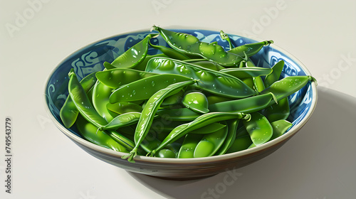 Fresh green snow peas in decorative bowl