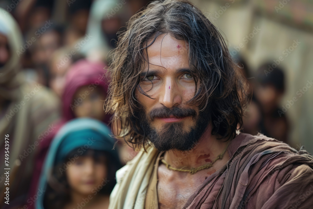 Close-up on Jesus taking care of people. Generative AI Close-up on Jesus taking care of people. Generative AI