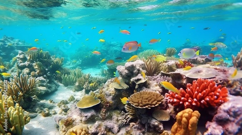 illustration of a shallow underwater view accompanied by exotic small fish and colorful coral reefs