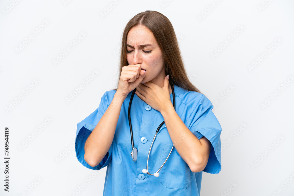 Young nurse woman over isolated on white background is suffering with cough and feeling bad Young nurse woman over isolated on white background is suffering with cough and feeling bad