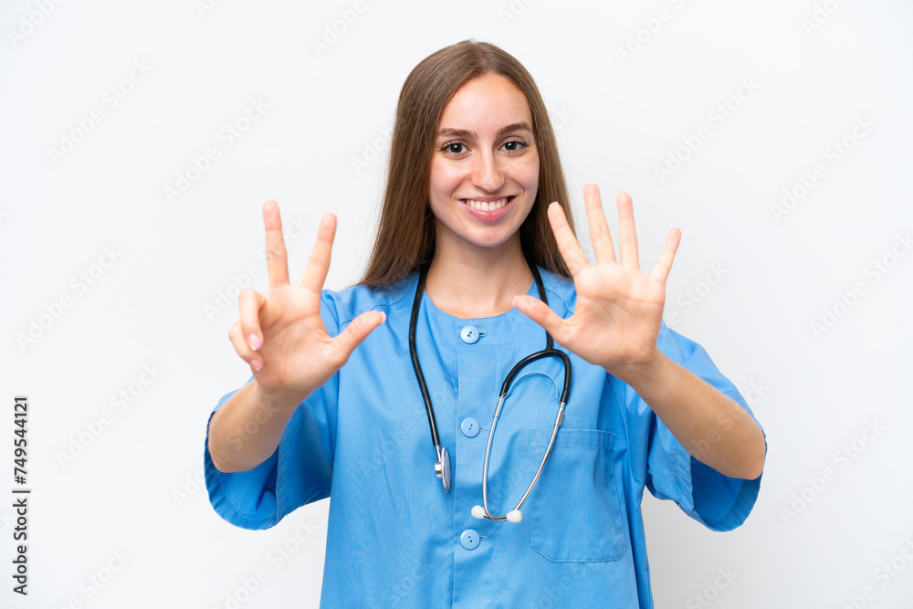 Young nurse woman over isolated on white background counting eight with fingers Young nurse woman over isolated on white background counting eight with fingers