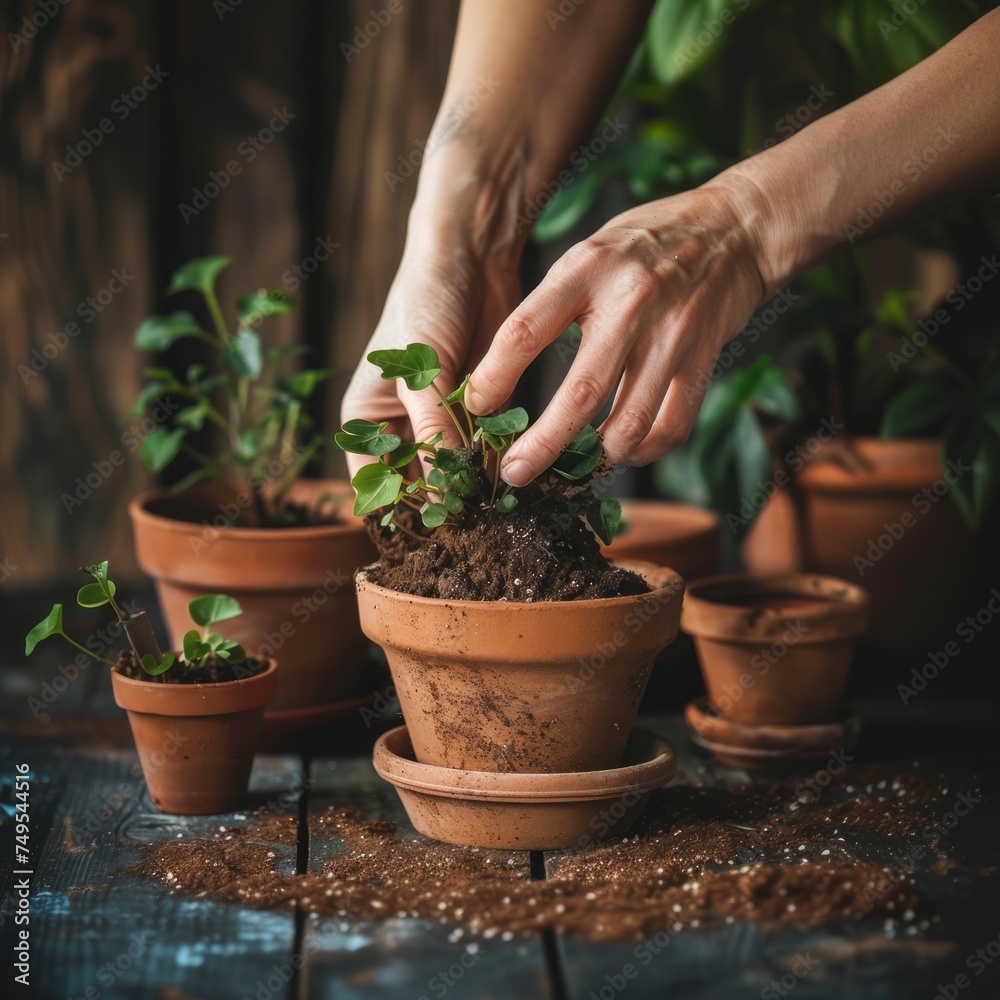 Hands nurturing a sprout in a terracotta pot amidst other potted plants on a wooden surface. Hands nurturing a sprout in a terracotta pot amidst other potted plants on a wooden surface.