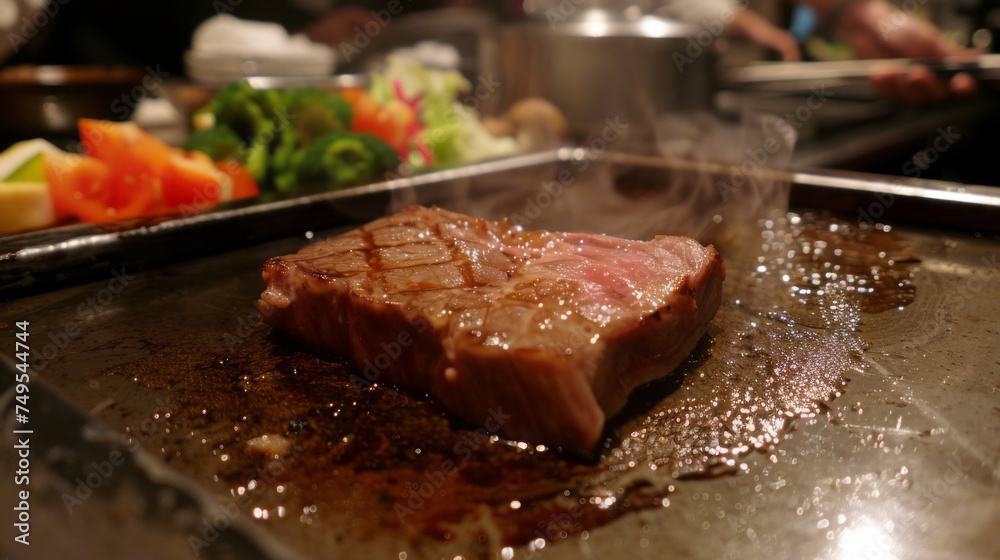 Juicy steak sizzling on a hot grill in a professional kitchen. Juicy steak sizzling on a hot grill in a professional kitchen.