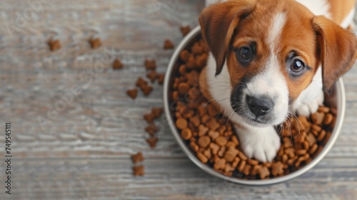 Cute puppy near a bowl of dry food on a wooden floor, puppy looking at the camera, pet care.
