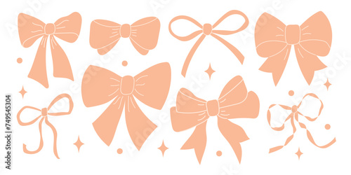 Set of various peach fuzz bow knots, gift ribbons. Trendy hair braiding accessory.