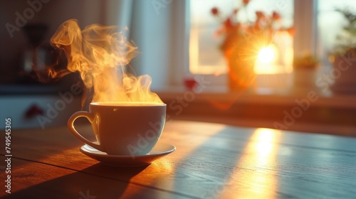Steaming cup of coffee on table at sunset, AI-generative