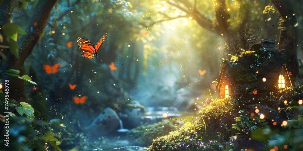 Immerse in a magical forest scene with enchanting butterflies and a mystical fairy house