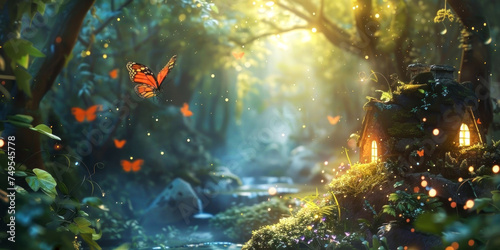 Immerse in a magical forest scene with enchanting butterflies and a mystical fairy house © DP