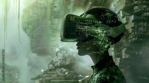 Immersed in a digital world, a figure dons a futuristic headset, their human face obscured by the veil of virtual reality.