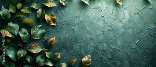 An abstract artistic background, retro, nostalgic, with golden brushstrokes. The background is textured. It is oil on canvas. Modern Art. Floral leaves, green, gray, wallpaper, poster, card, mural, © Zaleman