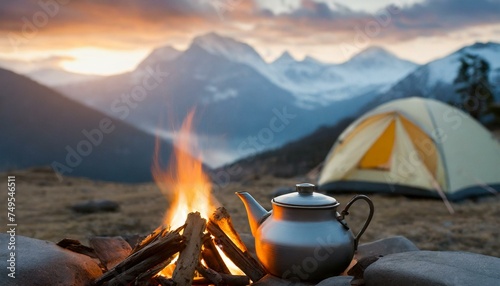Camp fire and tea pot, tent and mountains in the background at sunset. Travel concept and Hobbies