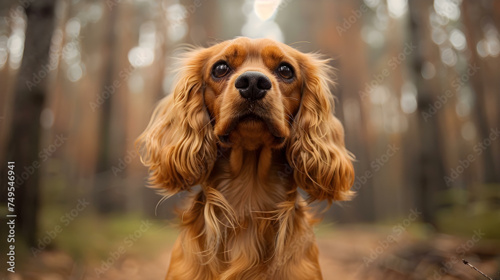 Cocker spaniel with fluffy fur gazes into the camera in forest setting. Concept Pets, Animal Photography, Outdoor Photoshoot, Forest Setting, Cocker Spaniel Cocker spaniel with fluffy fur gazes into the camera in forest setting. Concept Pets, Animal Photography, Outdoor Photoshoot, Forest Setting, Cocker Spaniel