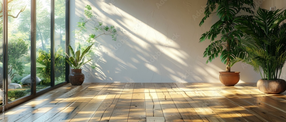 3D rendering of a white empty room with wood laminate flooring and a sun-cast shadow on the wall.