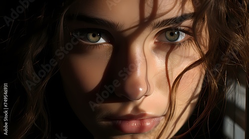 A close-cropped image of a model's expressive eyes, with a single spotlight creating a captivating play of light and shadow