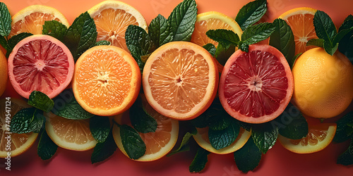 Cut citruses of different flavor color and size on a green background Orange grapefruit mandarin pomelo suites lemon lime and kumquat. 