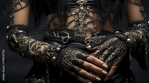 A close-up image focuses on a model's expressive hands and accessories against a neutral background, highlighting intricate details