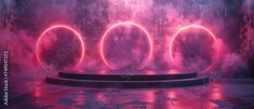 A 3D rendered podium inflected with cyberpunk neon glows amidst a futuristic magenta backdrop photo