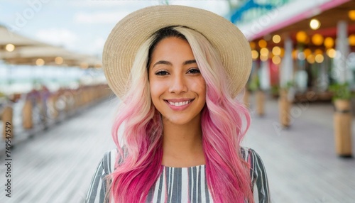 Beautiful woman with striking pink and blonde hair , carefree spirit, lively boardwalk lined with shops and restaurants. Her joyful presence embodies the essence of summer © Marko