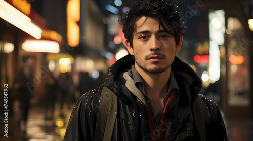 A close-up image of a Japanese male model's confident gaze as he walks through a bustling city street, captured by a handheld HD camera, exuding a magnetic presence and impeccable style