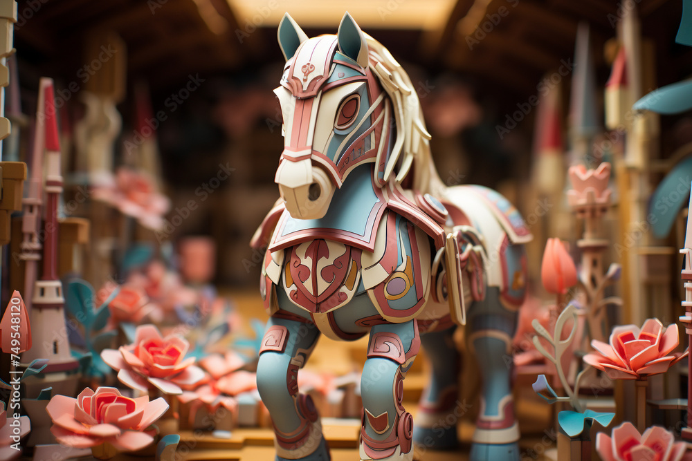 A beautifully crafted paper horse stands in a charming environment adorned with intricate paper flowers and plants.