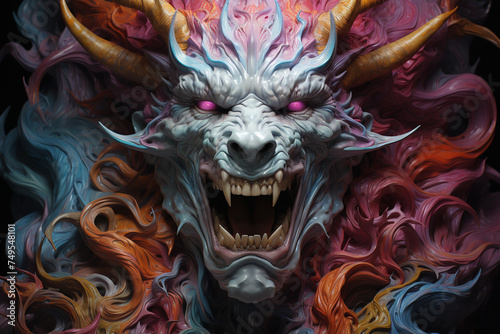 A fierce mythical creature with sharp horns and intense eyes emerges from a swirling abyss of abstract colors and forms.