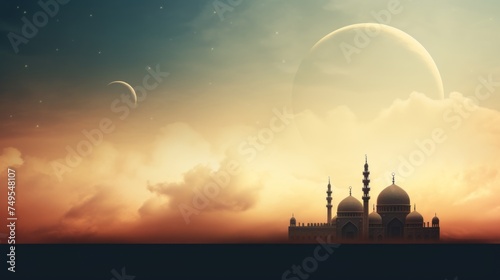 Happy Eid Mubarak greeting card with moon and mosque