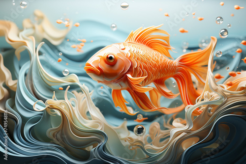 A vibrant orange goldfish captured in mid-leap over swirling waves, surrounded by air bubbles and splashes of water.