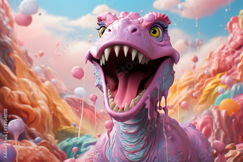 A cheerful pink dinosaur with a wide smile in a whimsical landscape filled with pastel-colored candy elements. © Bavorndej