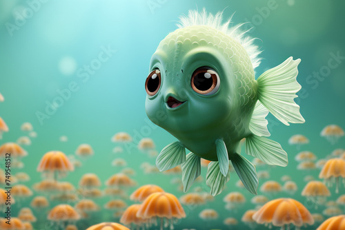 A charming green cartoon fish with big expressive eyes swims curiously among a sea of orange jellyfish in a teal underwater scene.