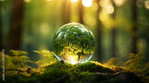 Green Globe In Forest With Moss And Defocused