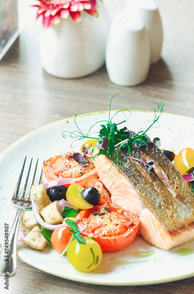 grilled fish salmon with vegetables, color food, healthy, tomatoe, olive, fresh food, serving , restaurant grilled fish salmon with vegetables, color food, healthy, tomatoe, olive, fresh food, serving , restaurant