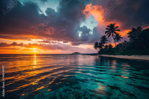 Dark tropical sunset with palm trees on colorful tropical ocean sunset background realistic photography generative ai photo.
