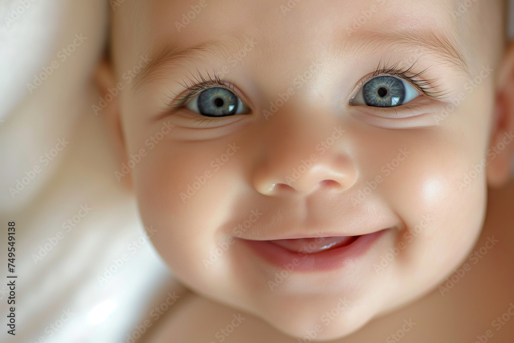 Close-up of a smiling baby face, soft focus on eyes, natural daylight, pure and joyful expression