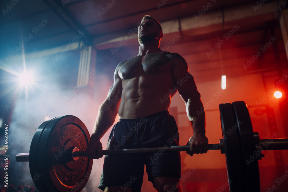 Action shot of an athlete performing a deadlift, heavy weights on the barbell, determination on face, gym lights highlighting the effort