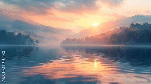 Serene Lakeside Dawn with Mist and Mountain Backdrop  