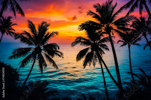 Dark tropical sunset with palm trees on colorful tropical ocean sunset background realistic photography generative ai photo.