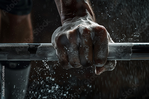 Detailed photo of a weightlifter's hands gripping a barbell, chalk dust visible, focus on strength and preparation, gym background photo