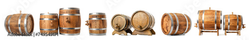 Set of wooden barrels on wh...