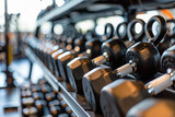 Close-up photo of weightlifting equipment, kettlebells, and dumbbells arranged on a rack in a fitness center, clear focus, gym environment 