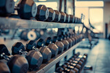 Close-up photo of weightlifting equipment, kettlebells, and dumbbells arranged on a rack in a fitness center, clear focus, gym environment 