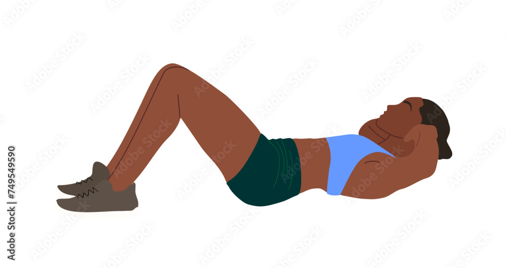 Black sports woman exercising on the floor. African american Female athlete training. Pretty Girl character doing fitness, pilates, abdominal exercise. Vector illustration on transparent background.