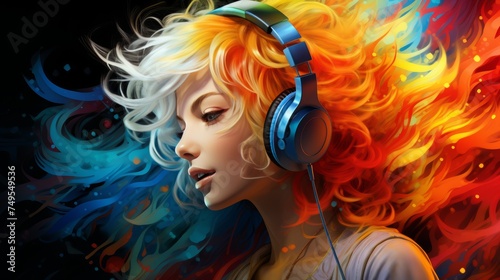 Collage of portraits of young emotional people on multicolored background in neon. Concept of human emotions, facial expression, sales. Smiling, listen to music with headphones