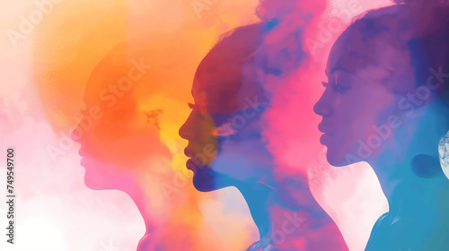 Abstract illustration, Silhouettes of diverse women's profiles, Gradient overlay, Concept of unity and diversity, Feminine strength and beauty © Nii_Anna