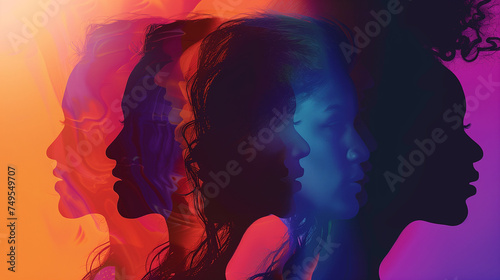 Abstract illustration  Silhouettes of diverse women s profiles  Gradient overlay  Concept of unity and diversity  Feminine strength and beauty